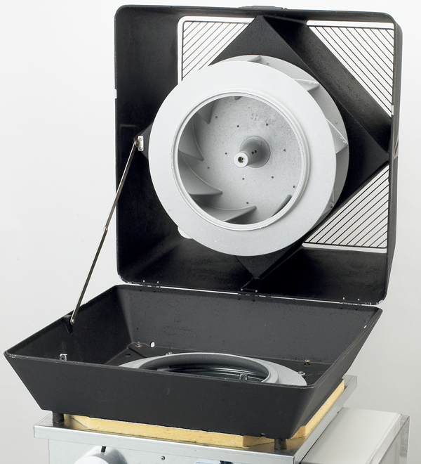 The fan is fitted onto the roof cowl using the supplied vibration dampers, This ensures vibration-free operation, while the mineral wool mat positioned on the spigot forms a seal between the fan and the roof cowl. The safety bolts are fitted in the roof cowl.

The TGKS roof cowl is composed of galvanised sheet metal, 50 mm mineral wool that insulates against sound and condensation, mesh, and an inner housing of perforated galvanised sheet metal.

SEF can also be mounted on an existing roof cowl using a FPTS mounting panel.